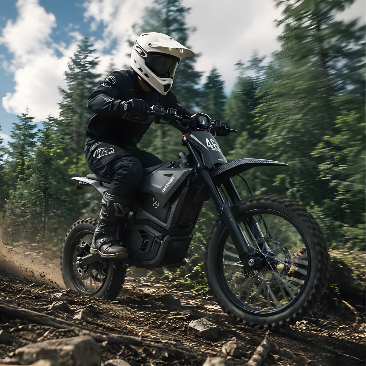 Fahrer auf dem Valtinsu EM-5 Ultra auf einem Waldtrail